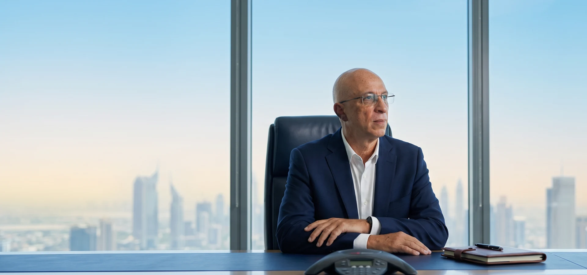 Ahmed Bahgat at a boardroom desk overlooking the Dubai skyline.